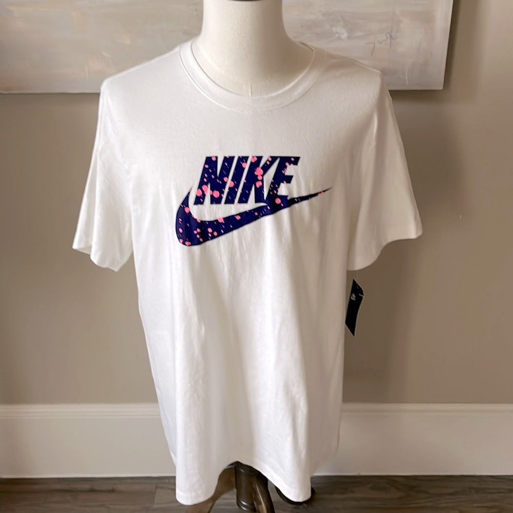 NWT Nike white tshirt with purple and pink swoosh
